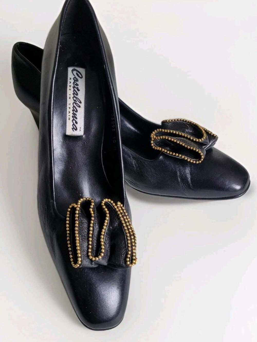 CostaBlanca Black Pumps Women's Size 10 Heels Ruffle Studs Block Heel